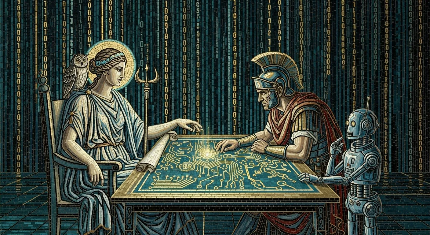 Knud Berthelsen AI consulting services — mosaic illustration of people collaborating with AI