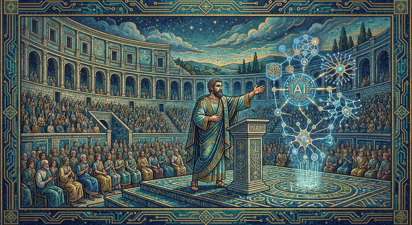 New Orleans AI Speaker — mosaic illustration of a speaker addressing an audience